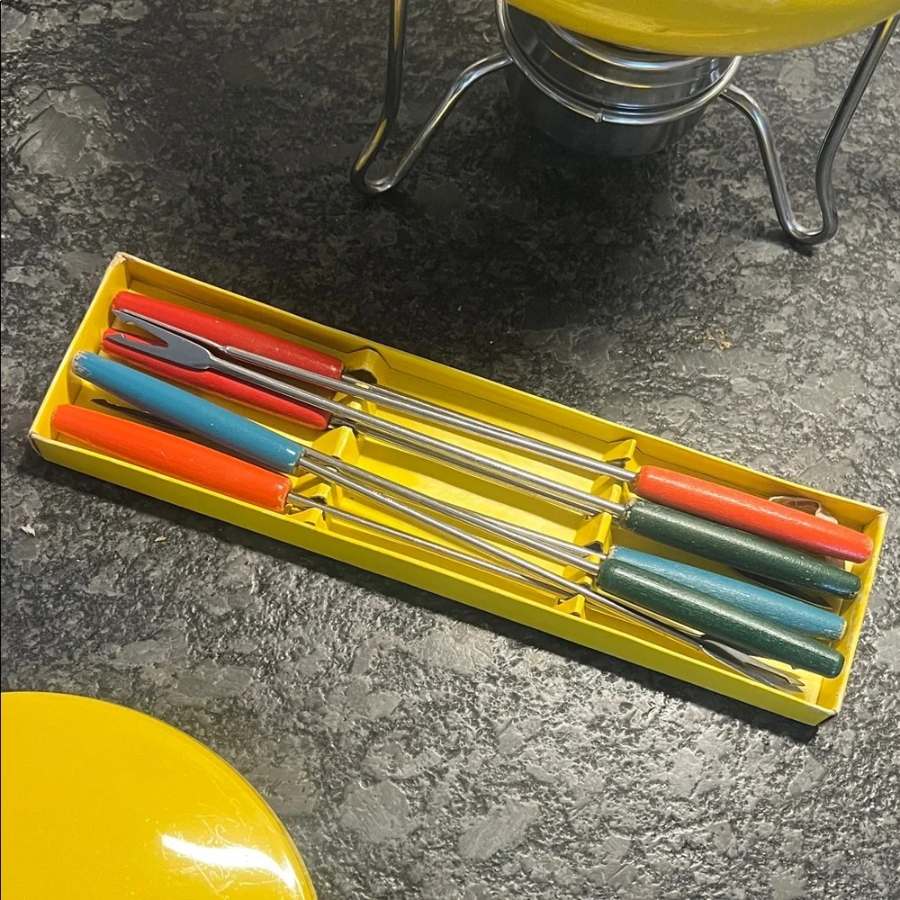 Vintage Yellow Fondue Set with Wooden Handle 8 forks included 1960’- 1970’s MCM